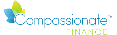 The image shows a logo with the text  Compassionate Finance  on a gray background, featuring a blue and green abstract design resembling a flower or leaf-like pattern at the top right corner.